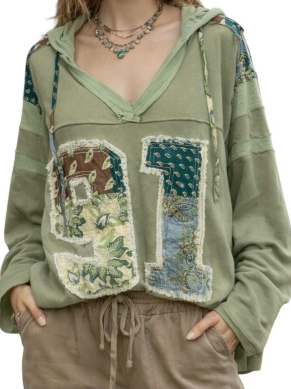 POL Olive Patchwork 91 Hoodie Top Oversized Boho V Neck L